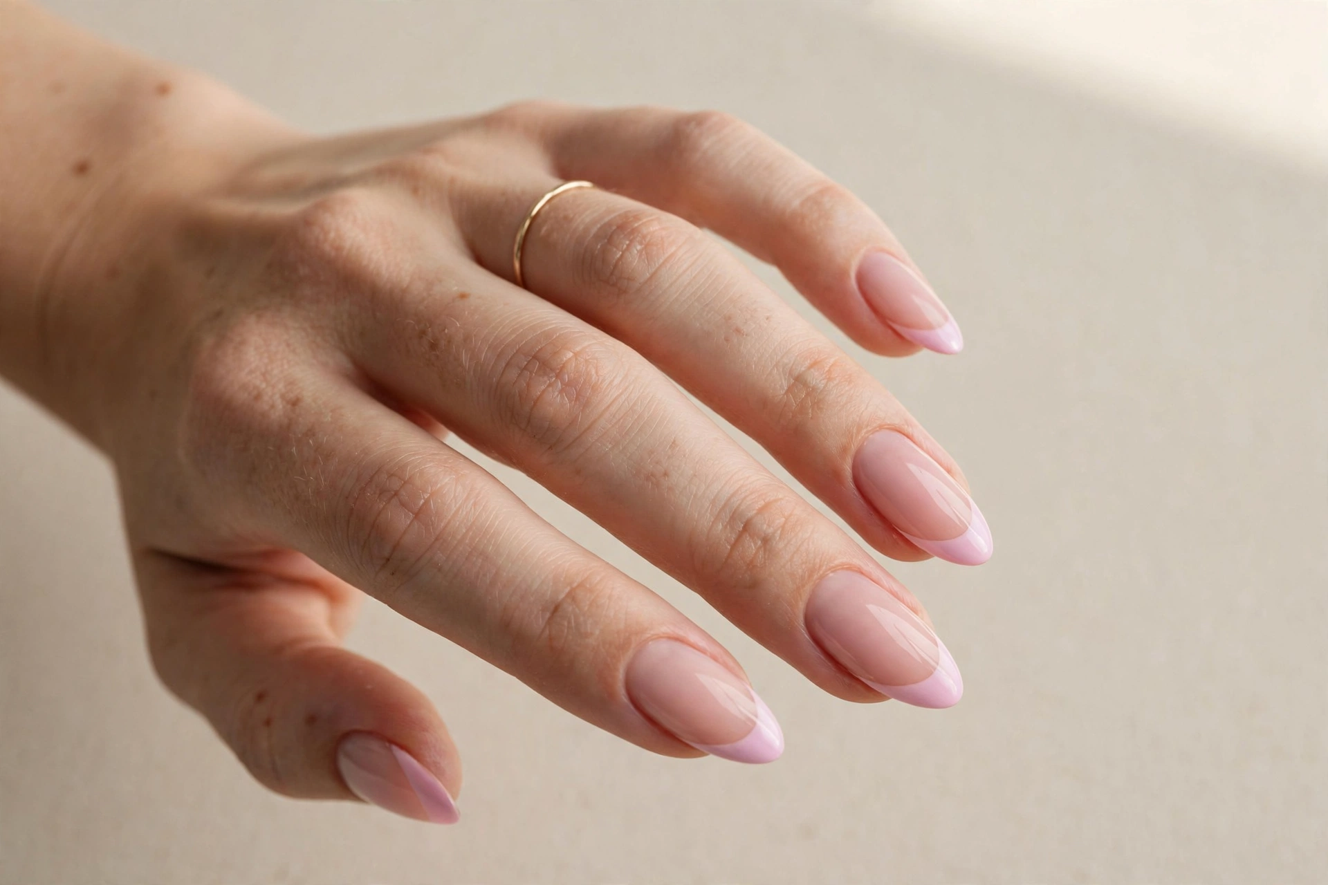 Close-up of almond nails with pastel pink French tip manicure