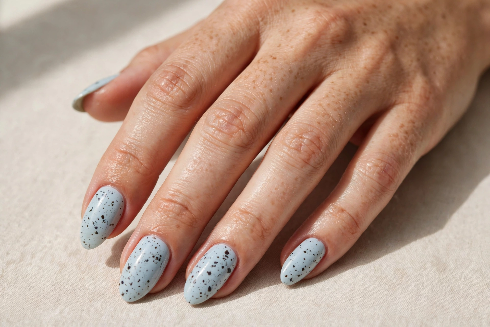 Pale ice-blue nails with tiny black speckles like a robin's egg