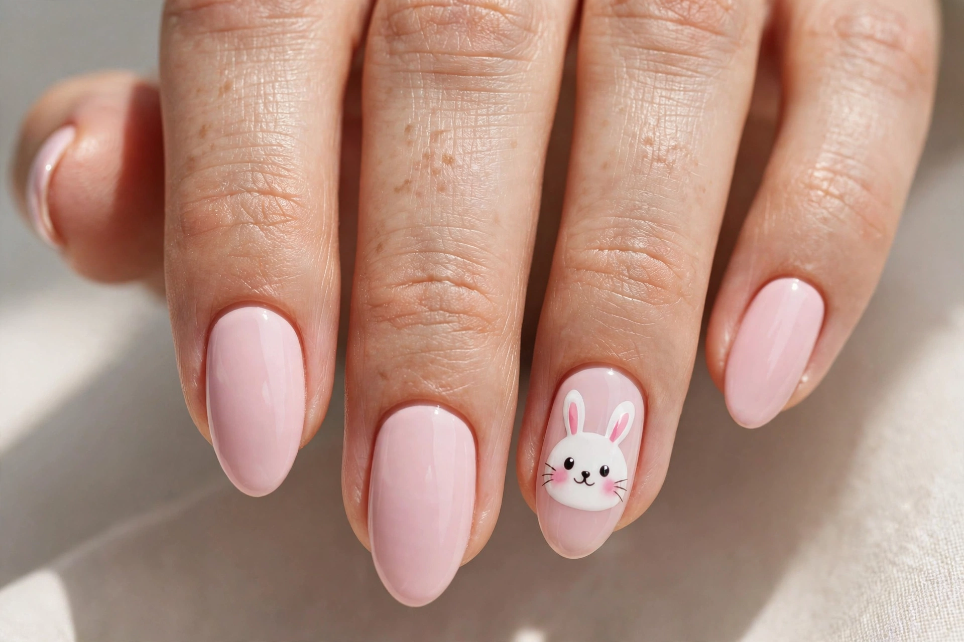 Pastel pink nails with a cute white bunny face painted on one accent nail