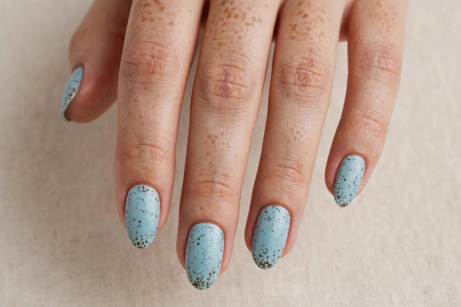 Sky blue nails with warm brown speckles like a decorated Easter egg