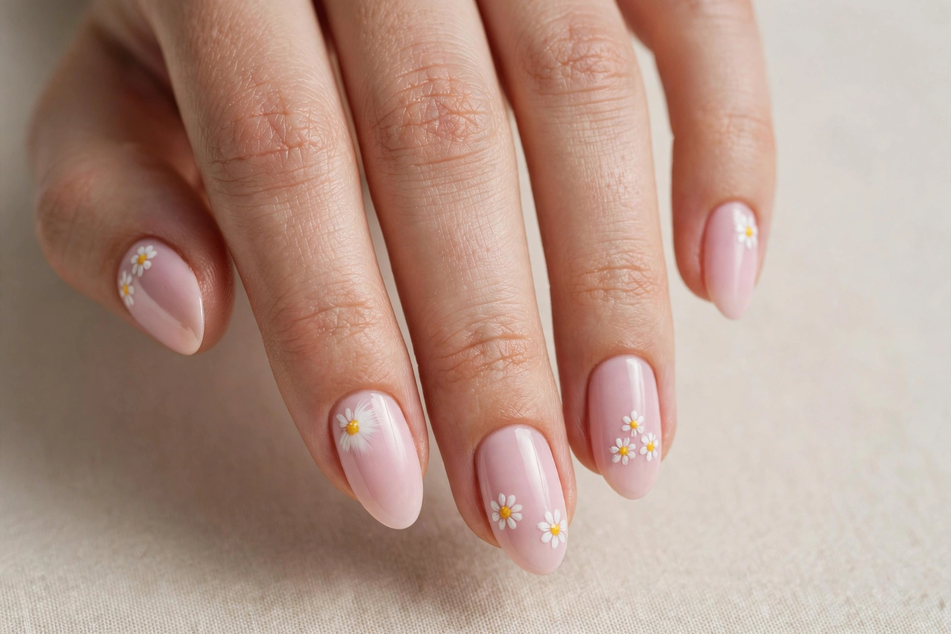 Blush pink nails with tiny white daisies with yellow centers