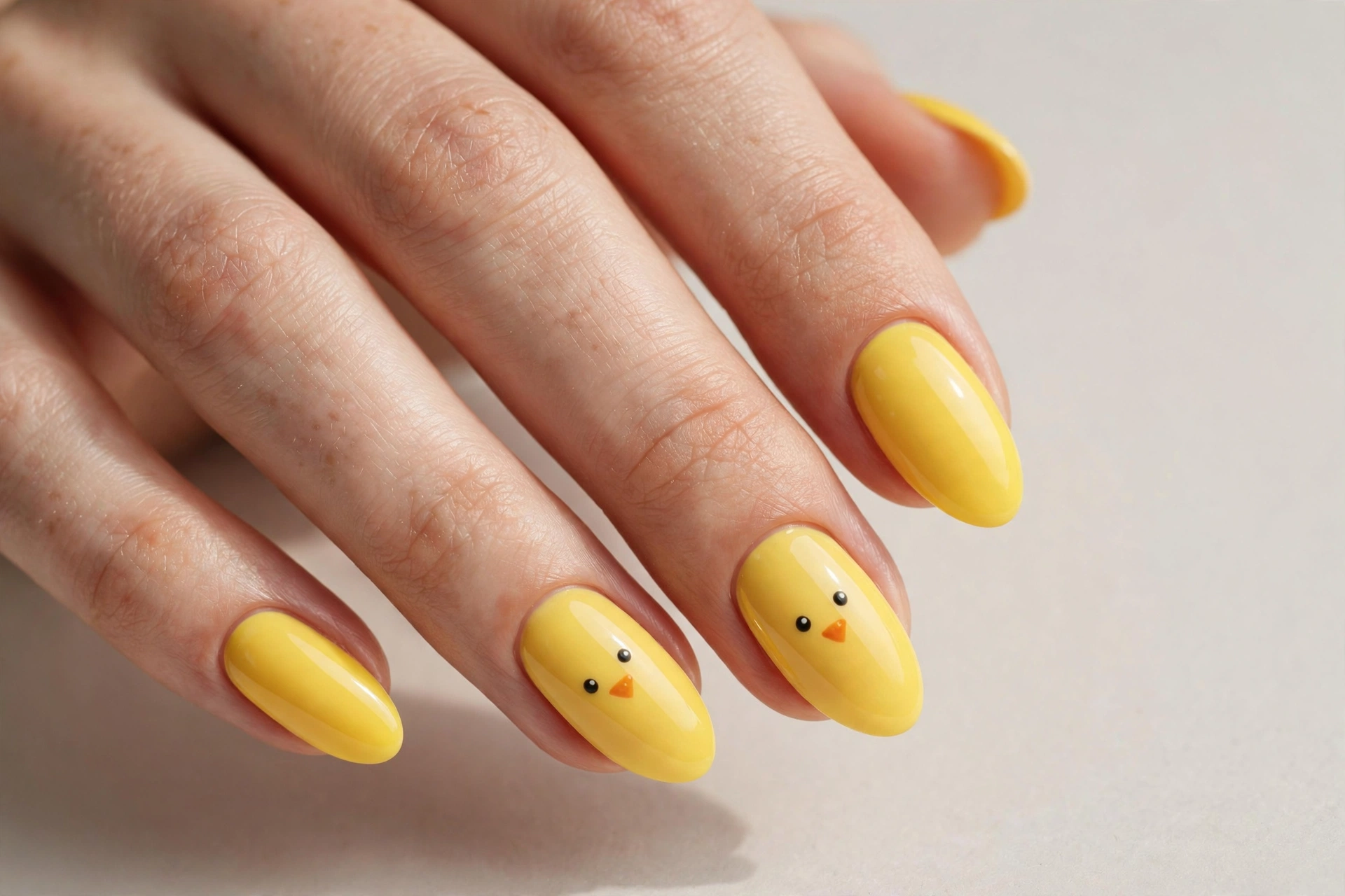 Bright yellow nails with cute chick faces painted on two nails