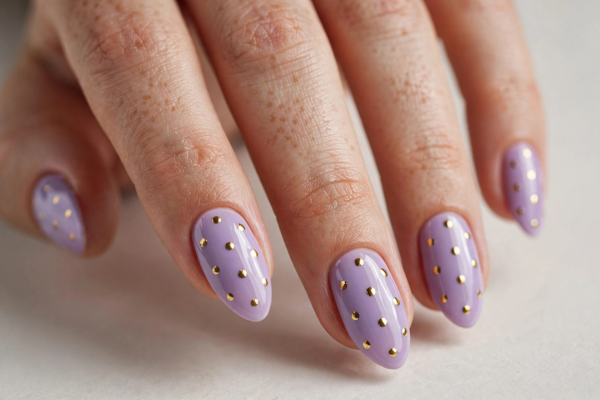 Lavender nails decorated with small gold dots