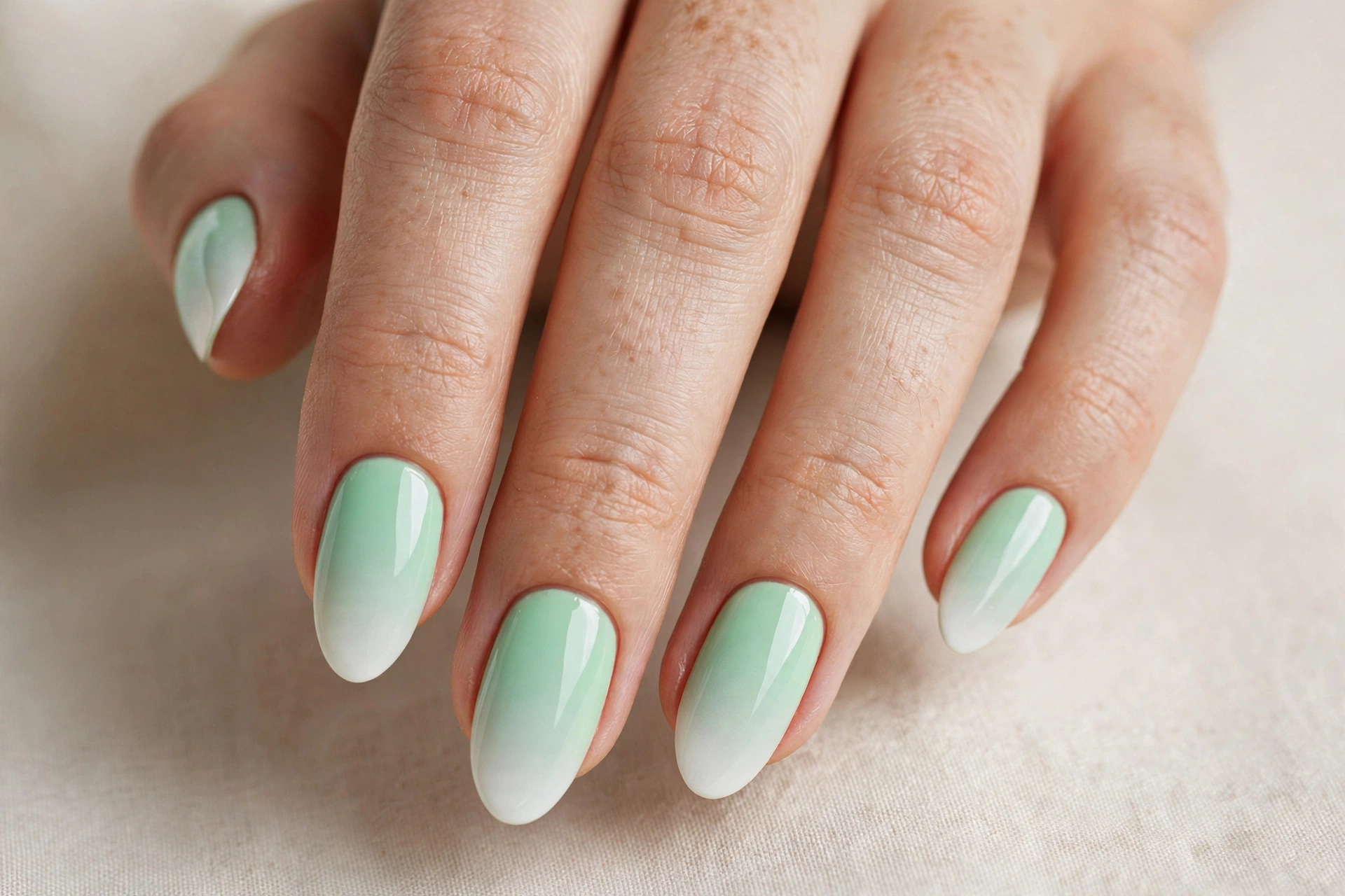 Mint green to white ombre gradient nails