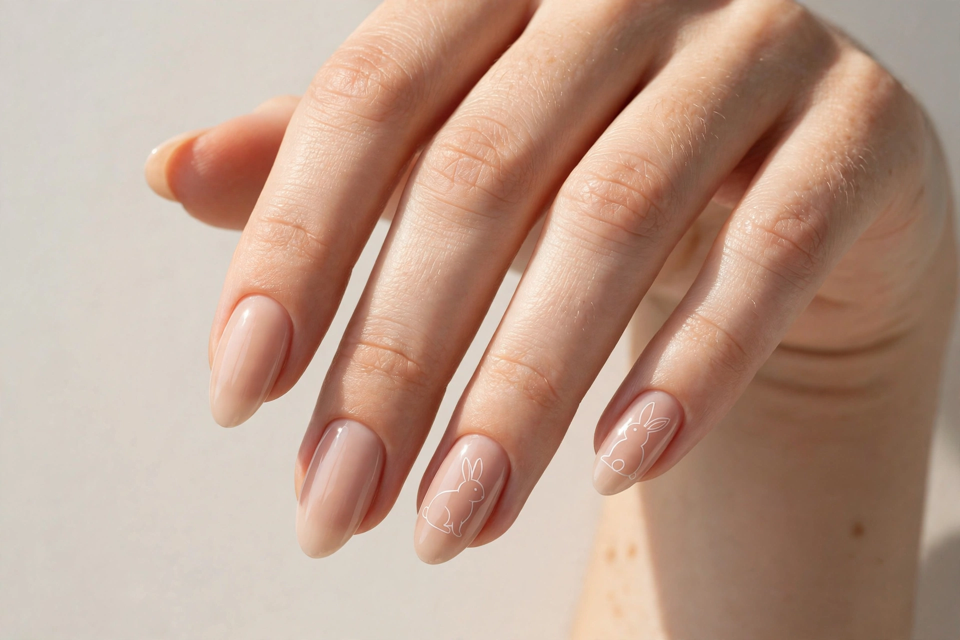 Sheer nude nails with delicate white bunny outline art
