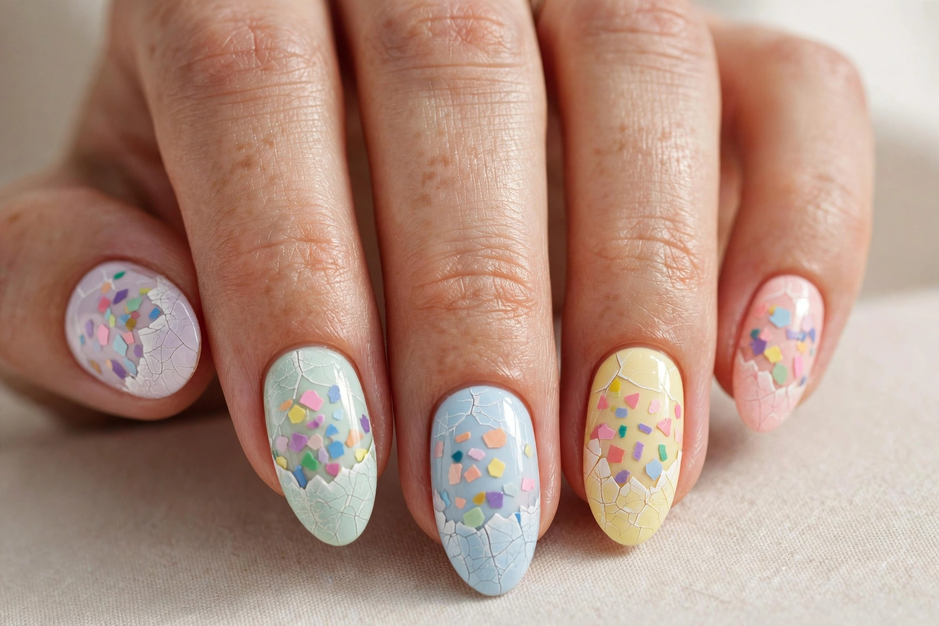 Pastel nails in pink, blue, yellow and green with colorful confetti and white crackle effect