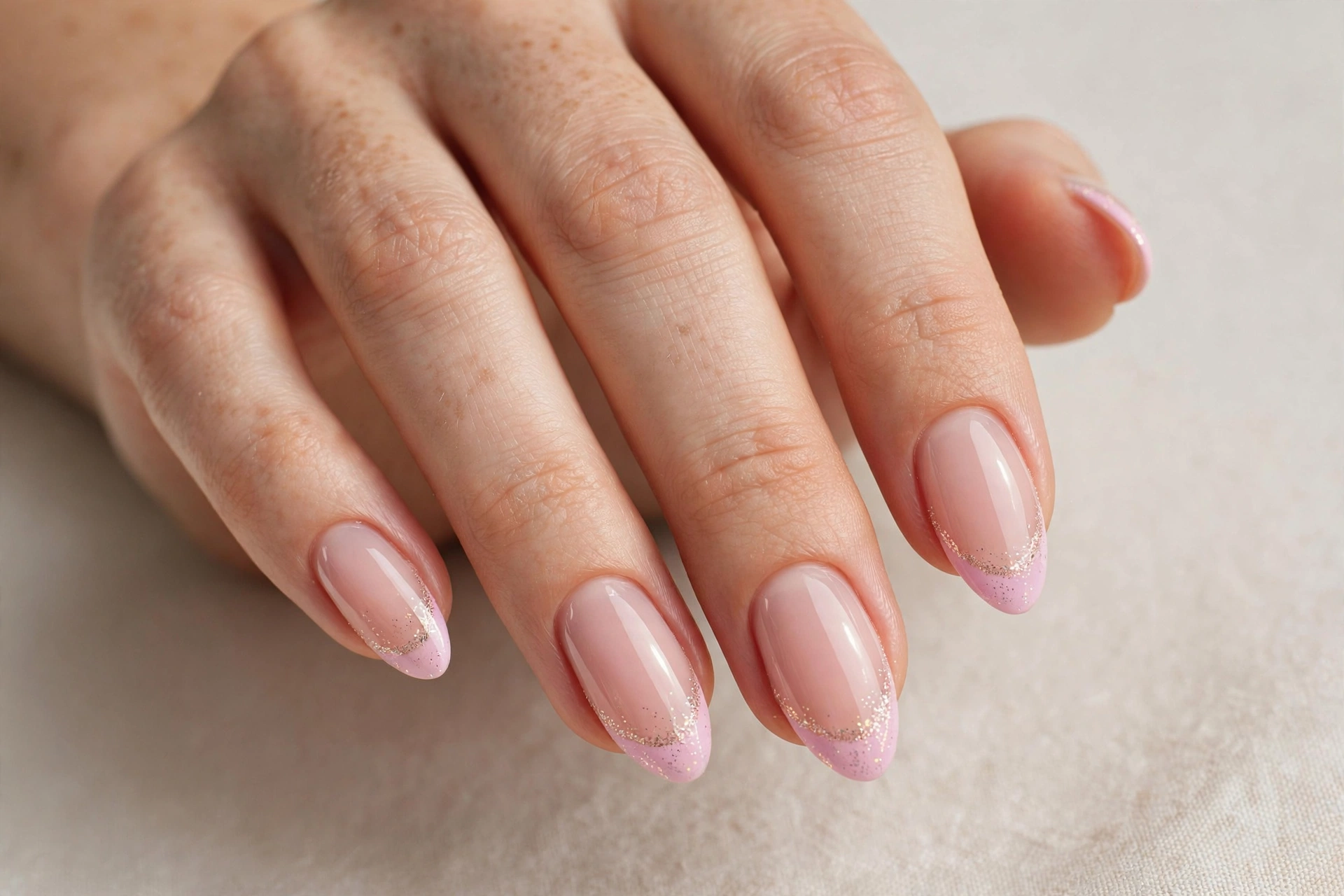 Sheer pink nails with pink French tips lined with gold glitter