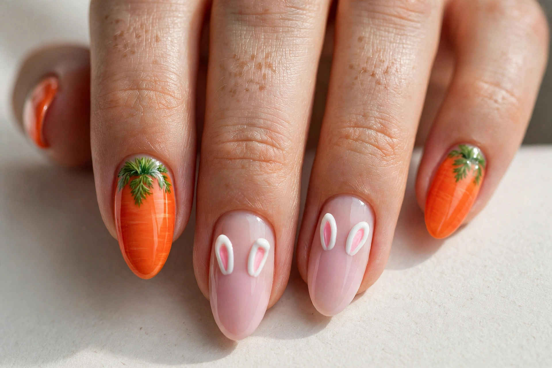 Orange carrot nails alternating with pink nails with white bunny ears
