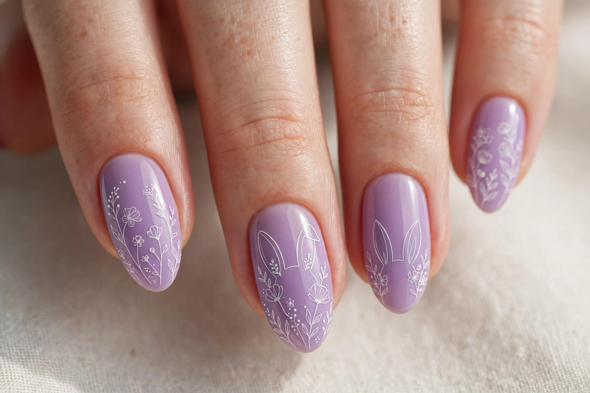Lavender nails with white floral line art and bunny ear outlines