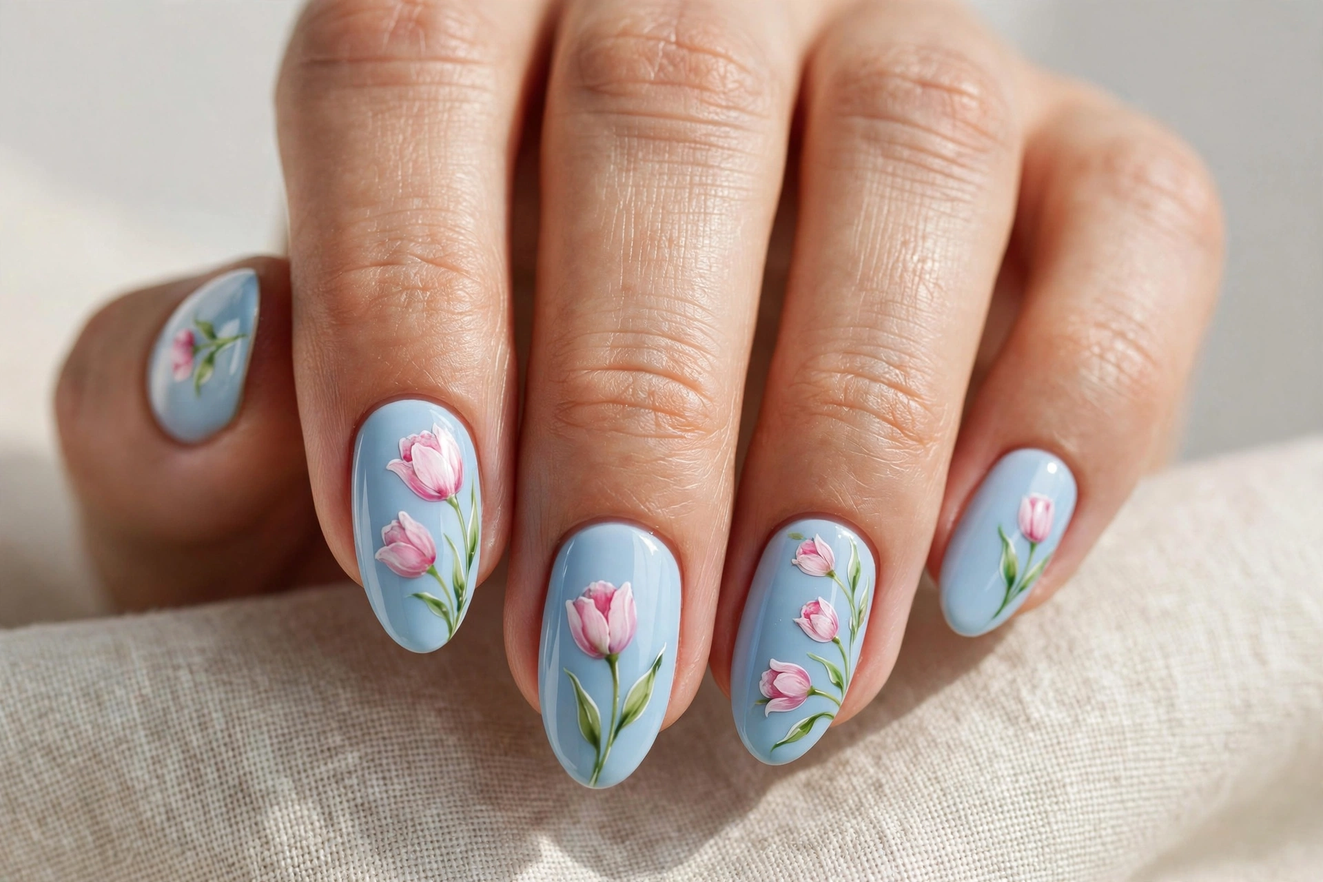 Light blue nails with hand-painted pink tulips and green leaves