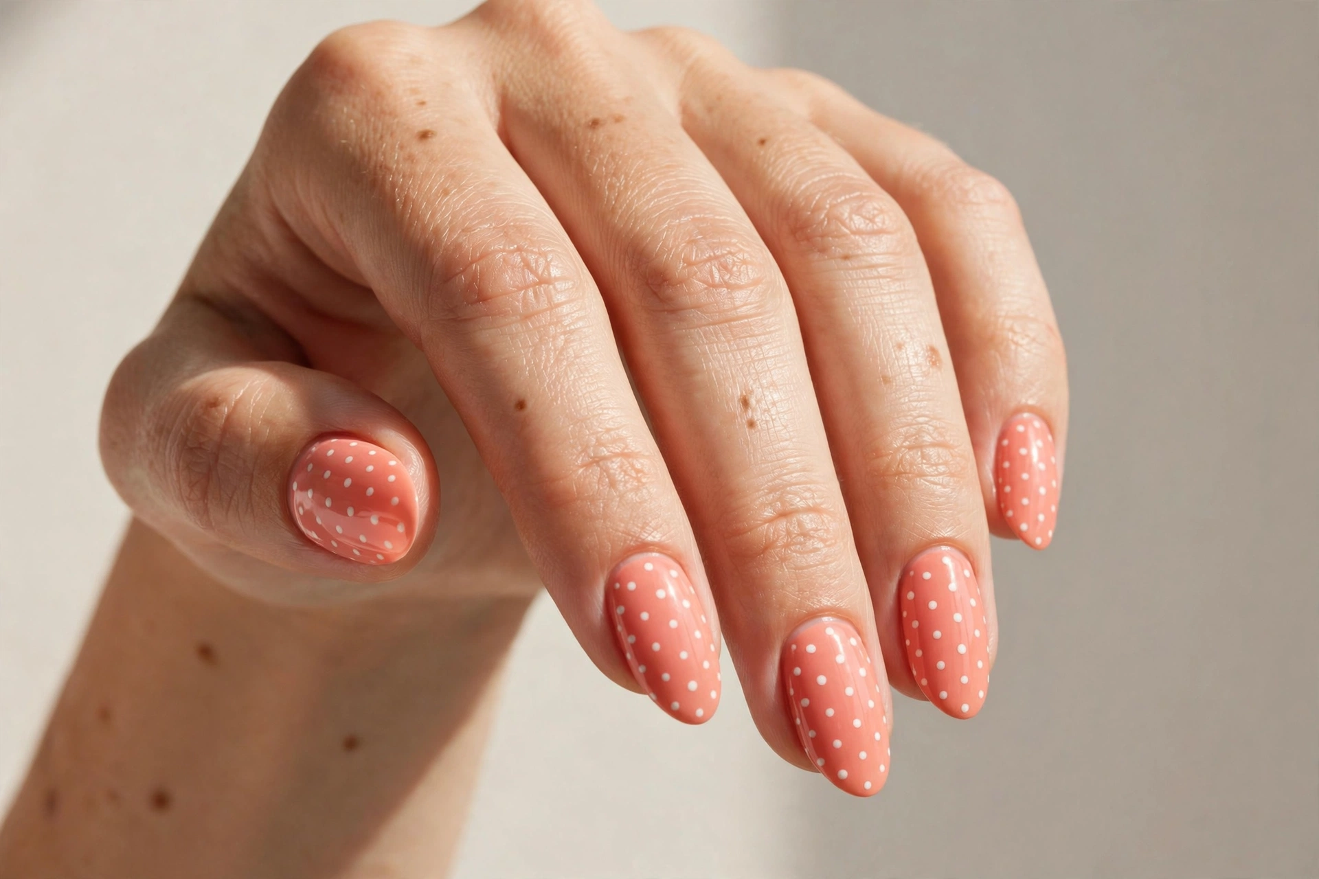 Coral nails covered in small white polka dots