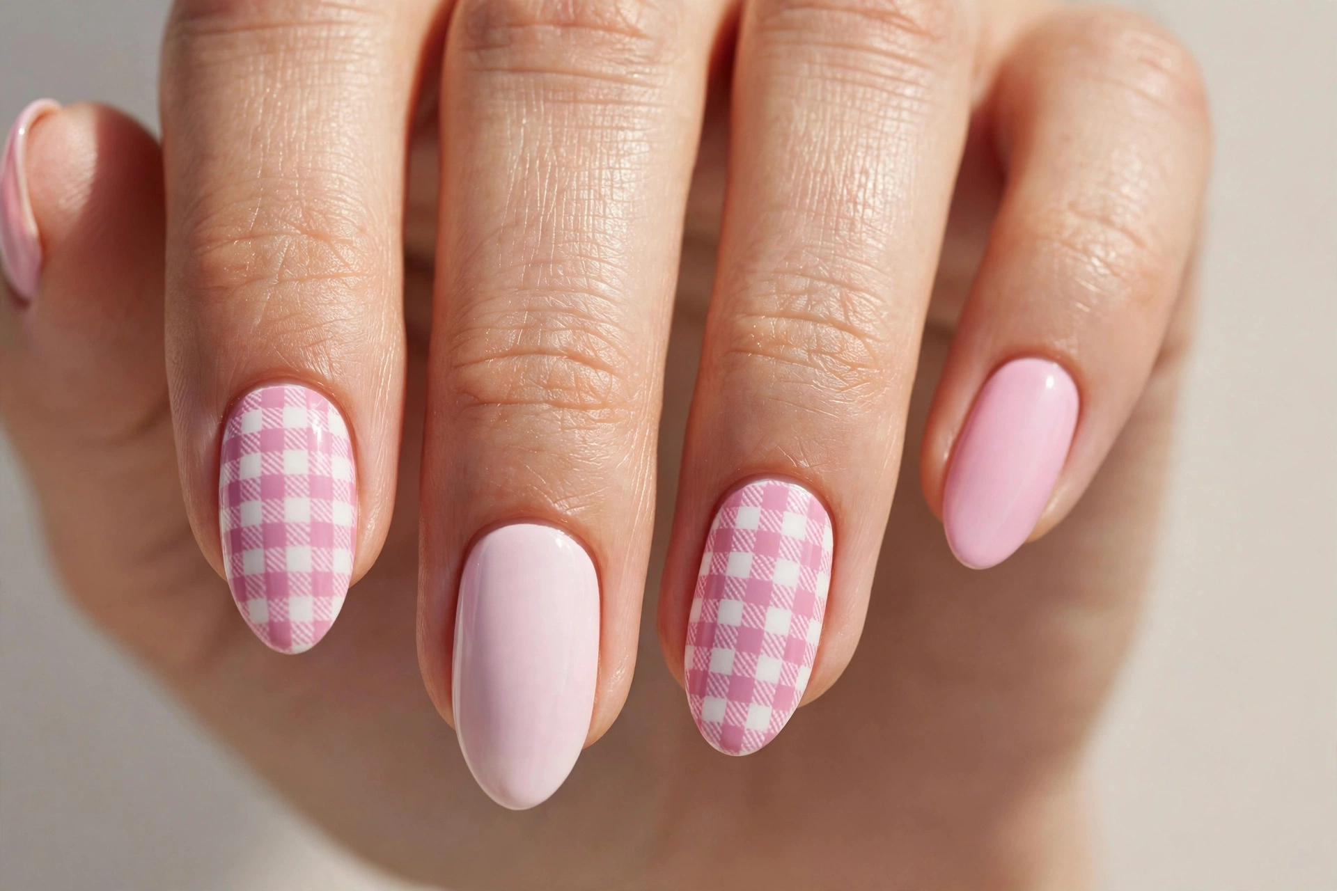 Pink and white gingham check nails alternating with solid pink nails