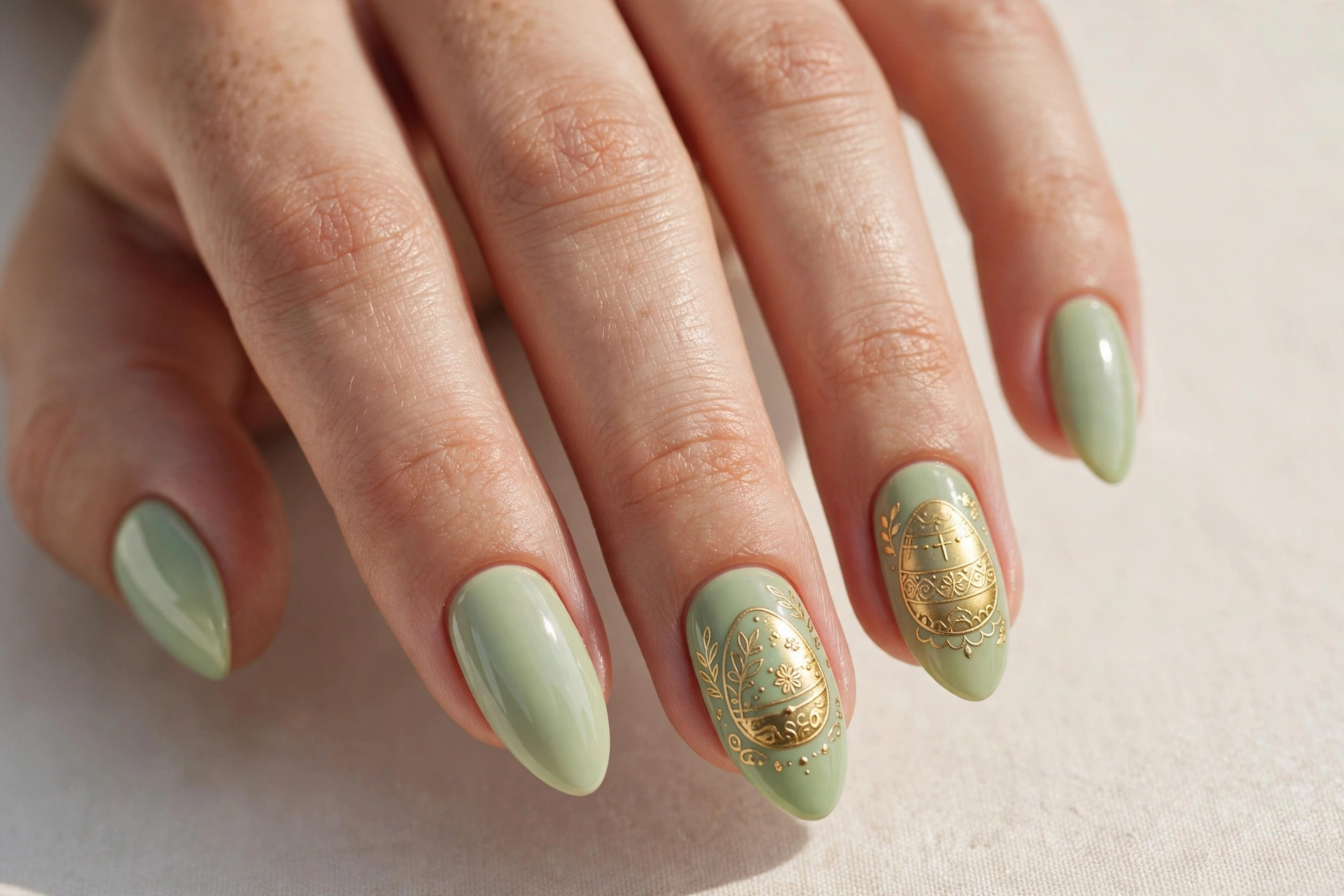 Sage green nails with gold foil decorated Easter egg accents