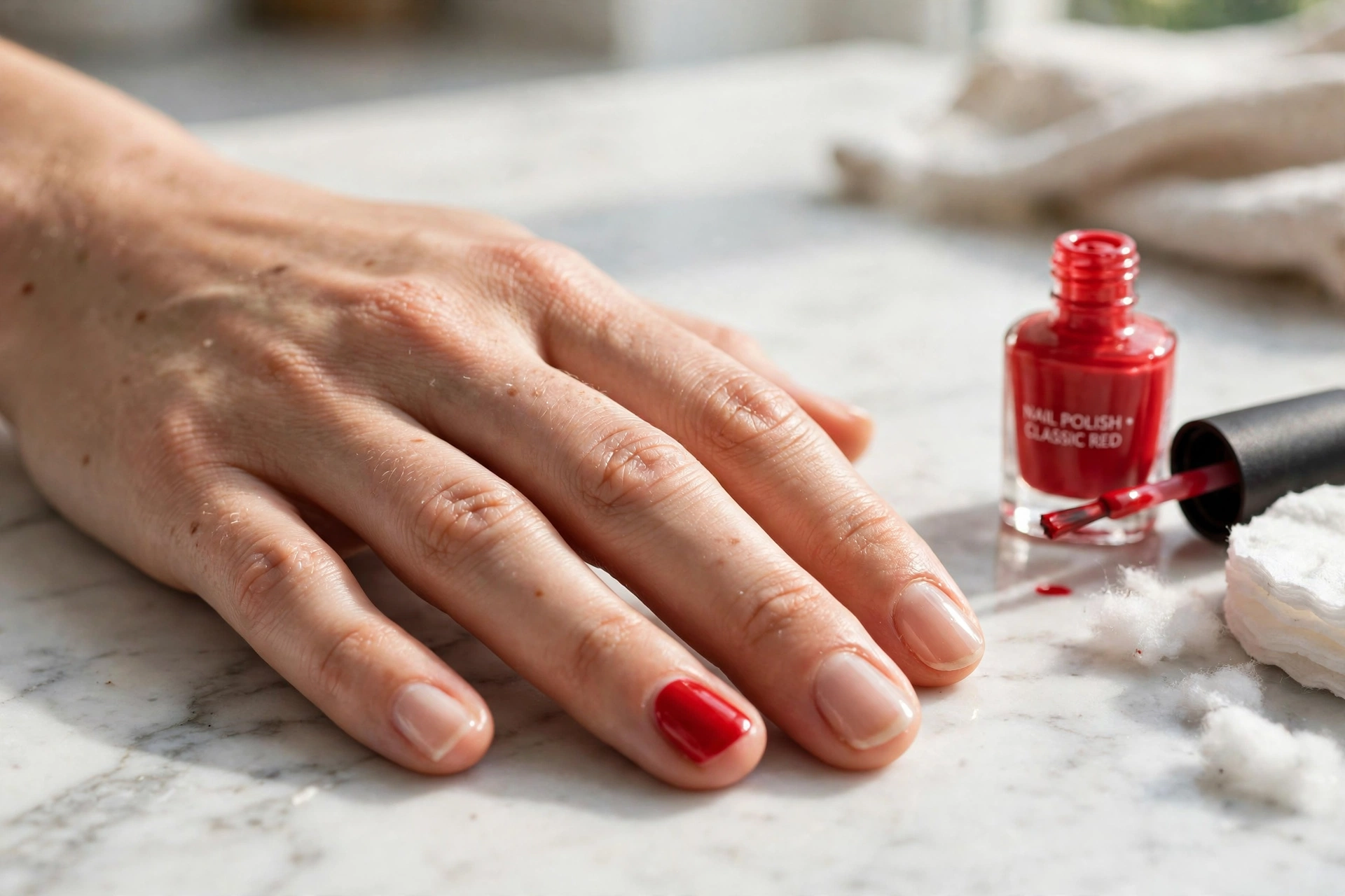 Sheer nude nails with one glossy red accent nail, easy Christmas manicure