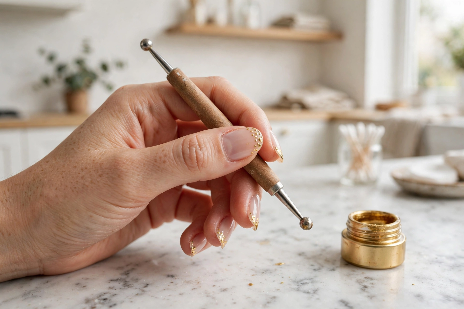 Gold dot tips on nude nails, simple DIY Christmas nail art