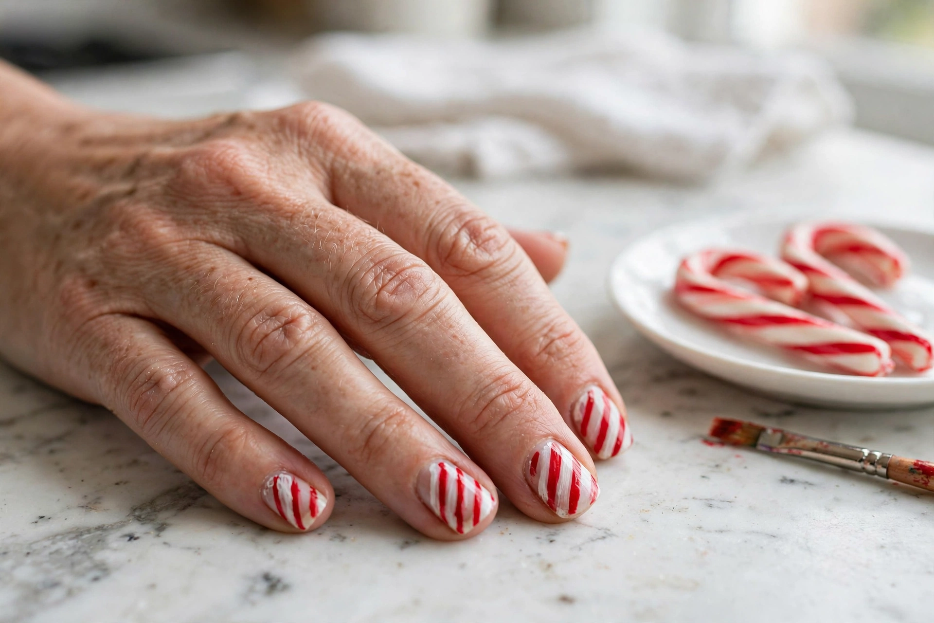 Red and white candy cane striped Christmas nails