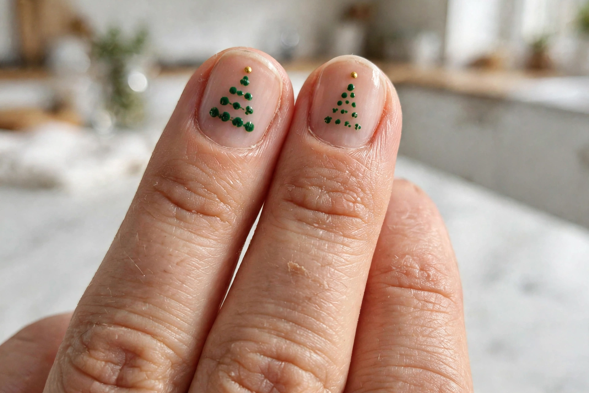 Tiny green dot Christmas trees on nude nails