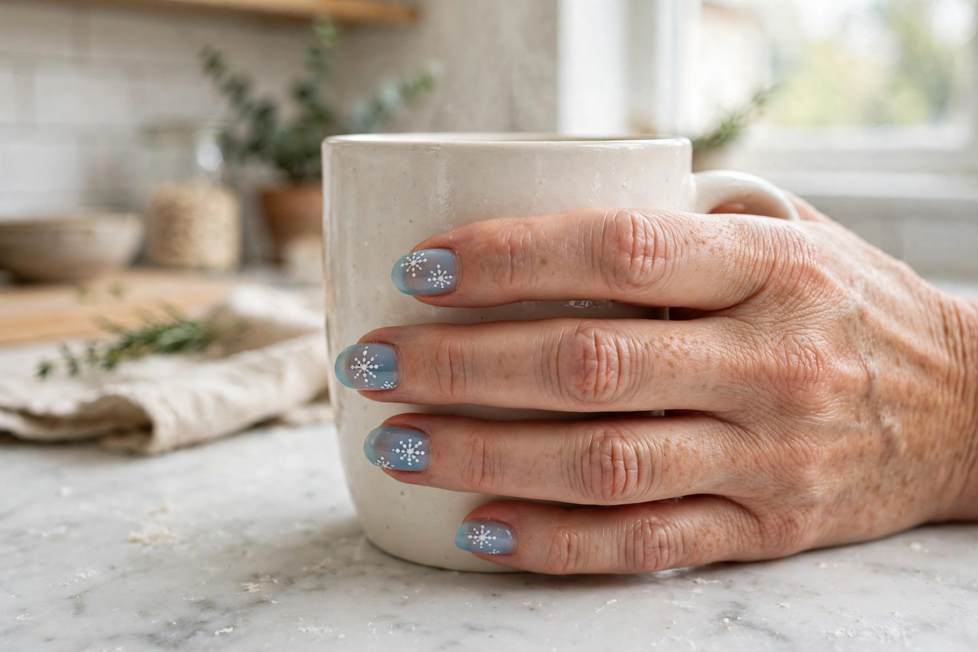 White dotting-tool snowflakes on sheer icy blue nails