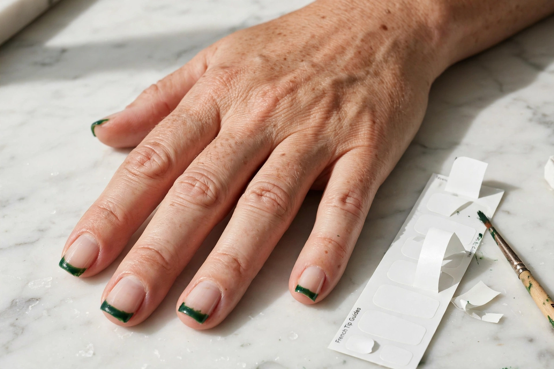 Deep green French tips on nude nails, easy Christmas design