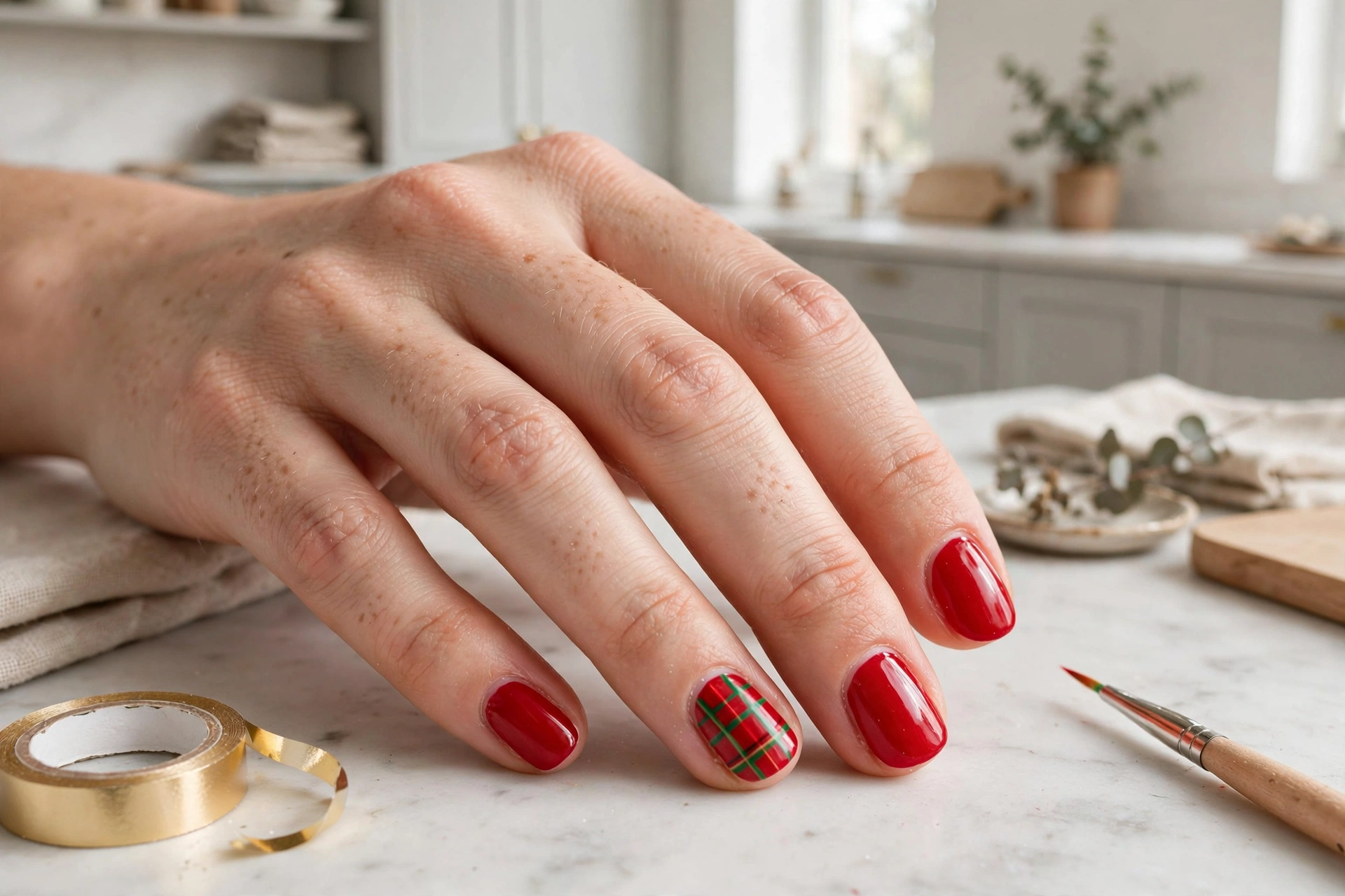 Red and green plaid accent nail with solid red nails