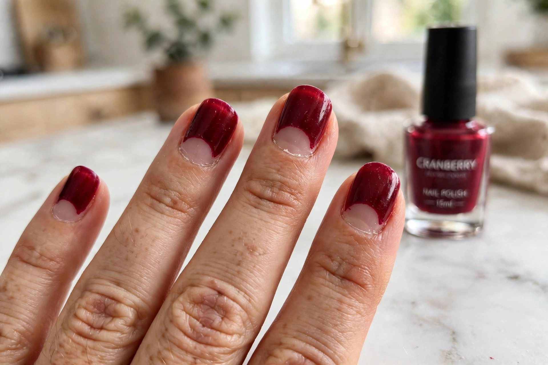 Cranberry nails with nude half-moon cuticle details