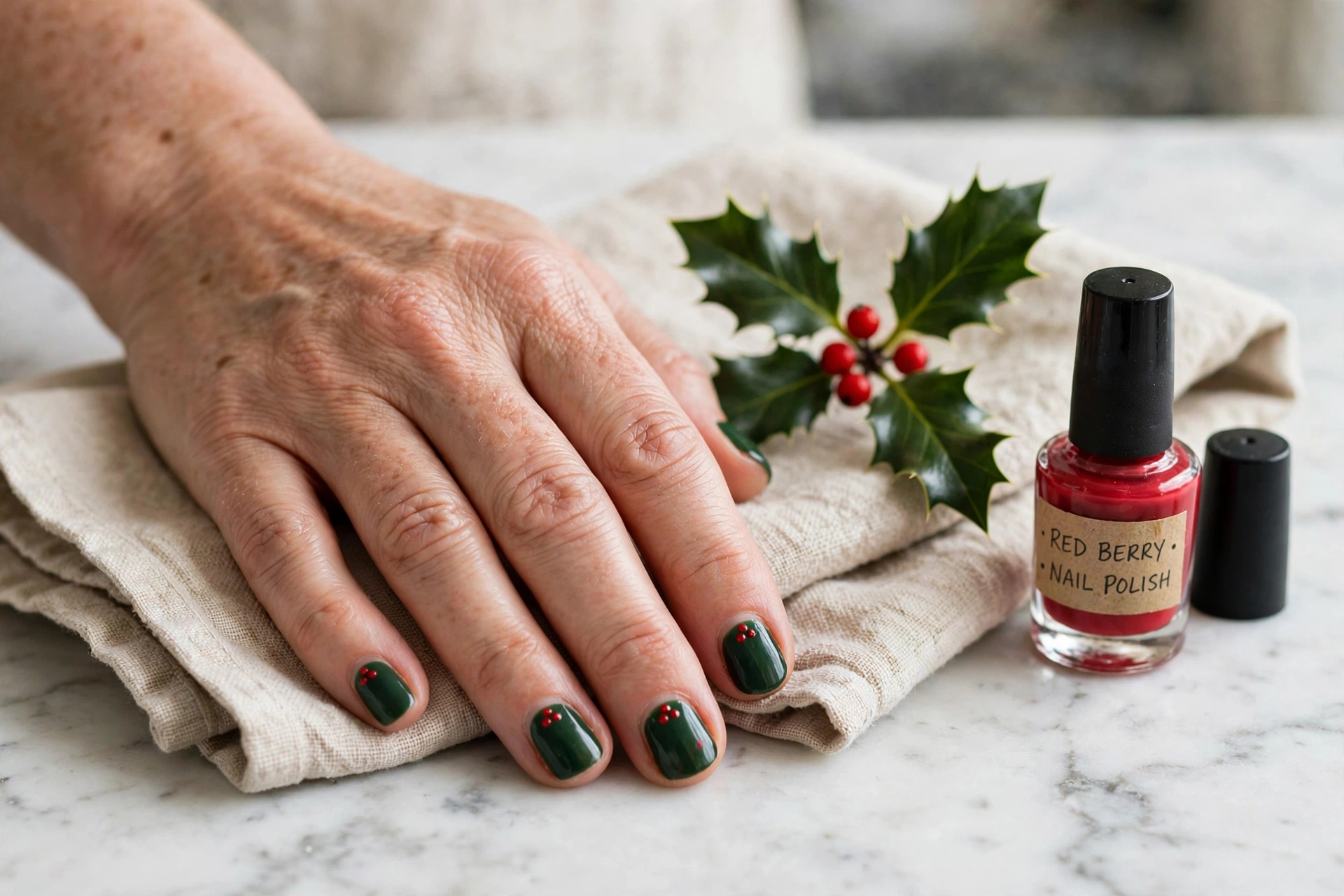 Deep green nails with red holly berry dots