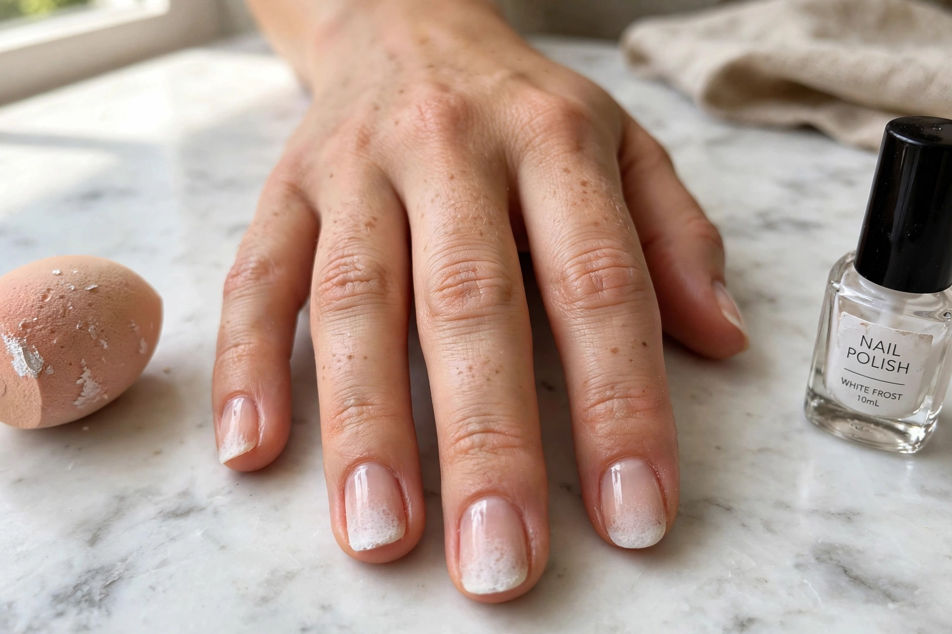 Frosted white gradient tips on nude nails