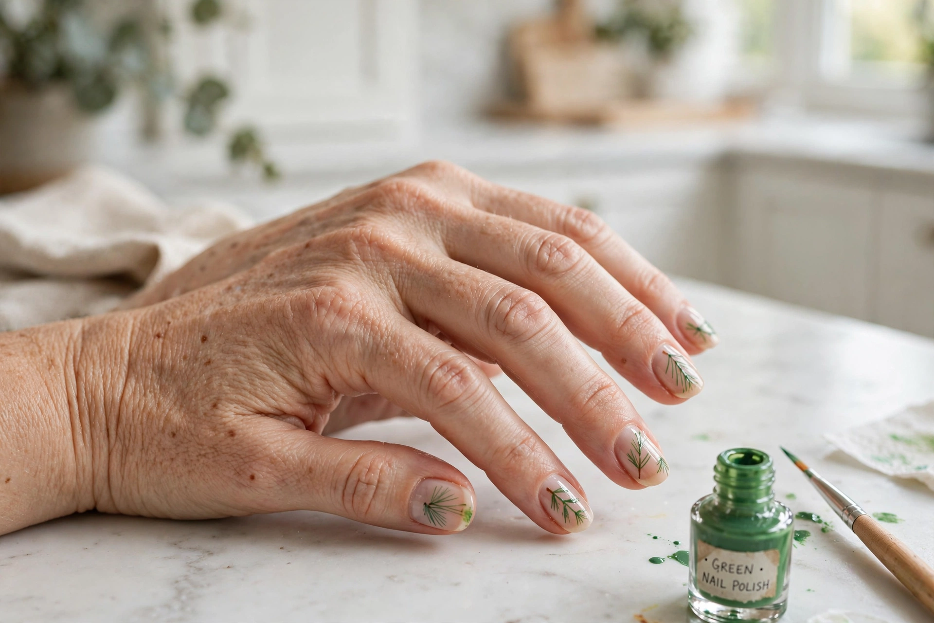 Simple green pine needle sprigs on nude nails