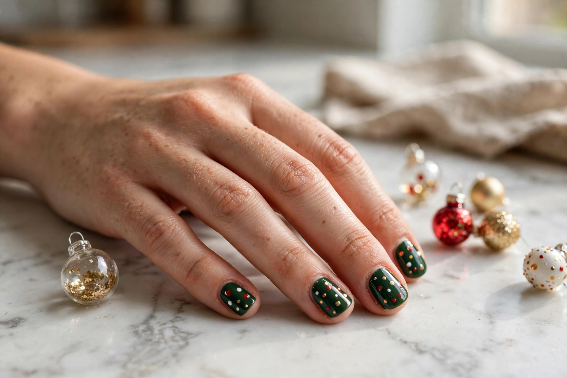 Deep green nails with colorful ornament dots