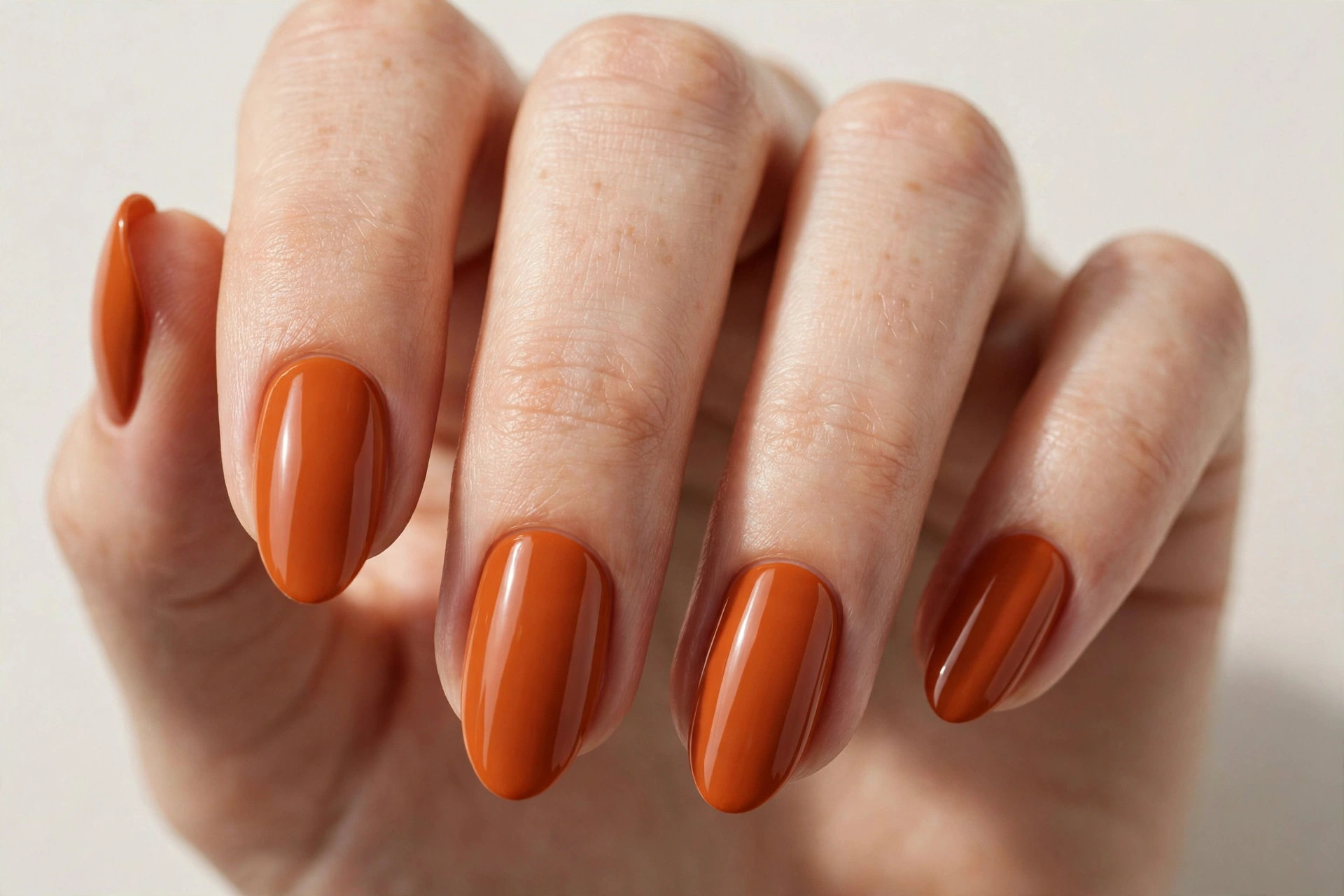 Almond-shaped nails painted in solid burnt orange nail polish