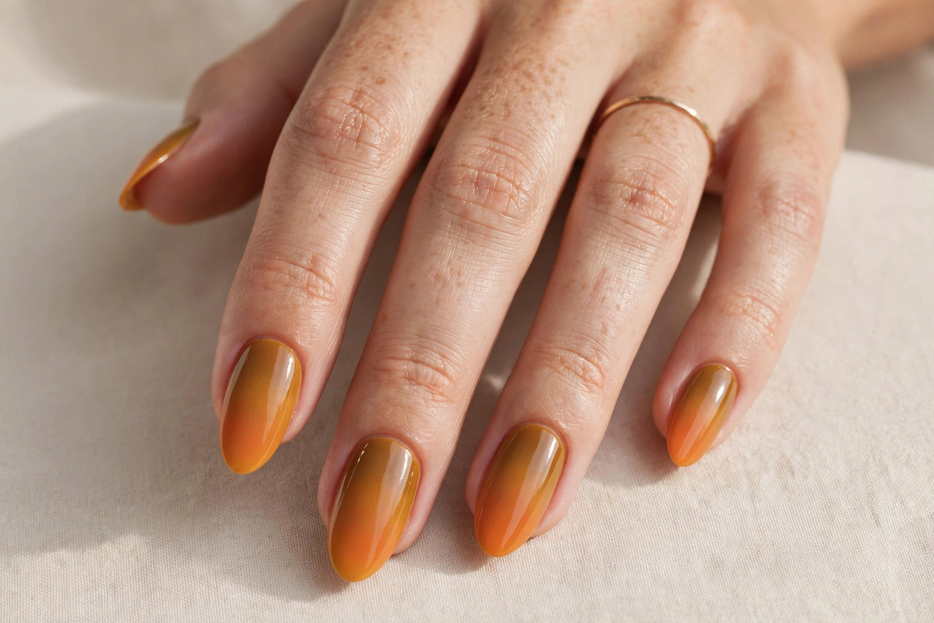 Almond nails with a pumpkin spice gradient ombre from orange to golden brown