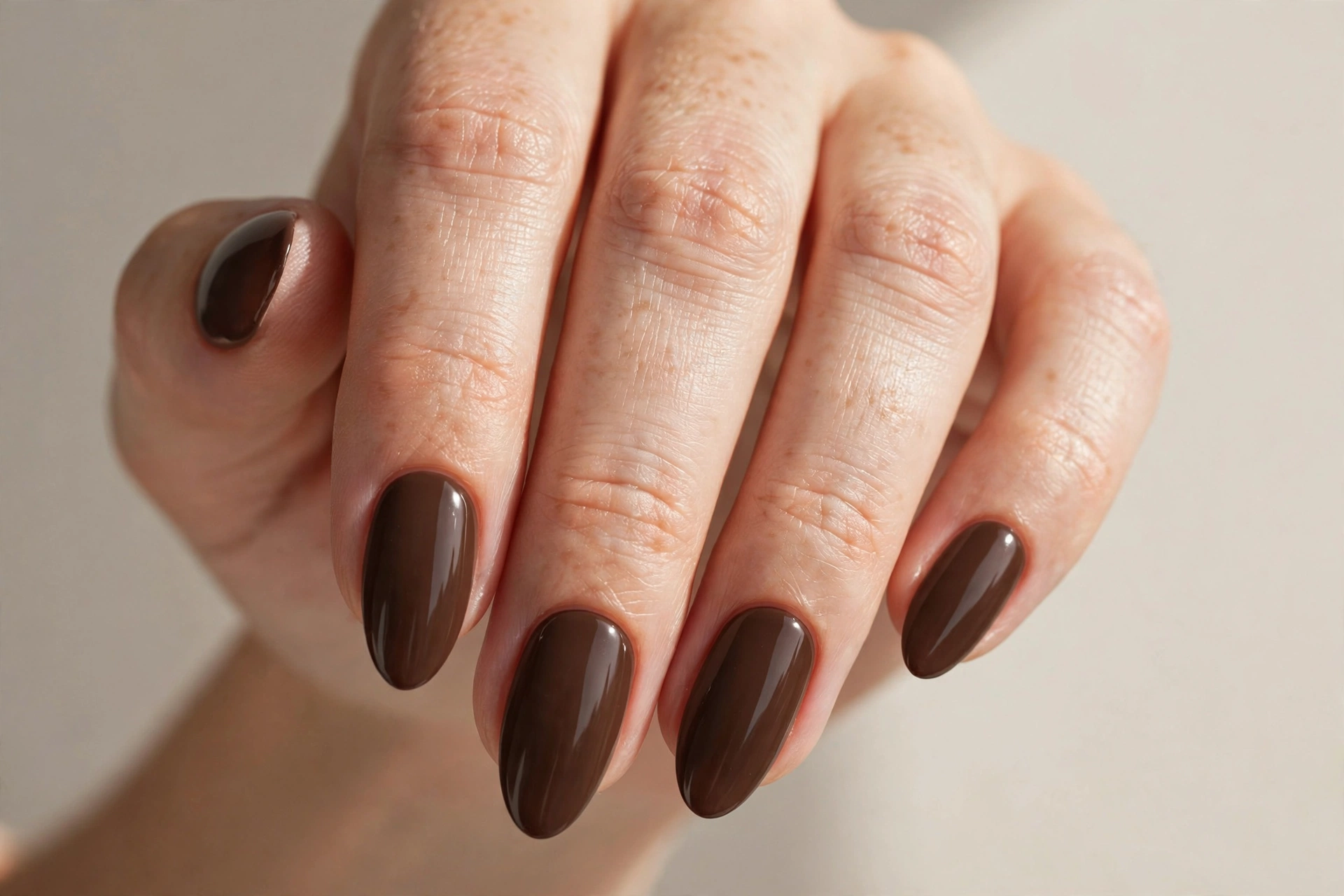 Almond-shaped nails in a solid espresso brown polish