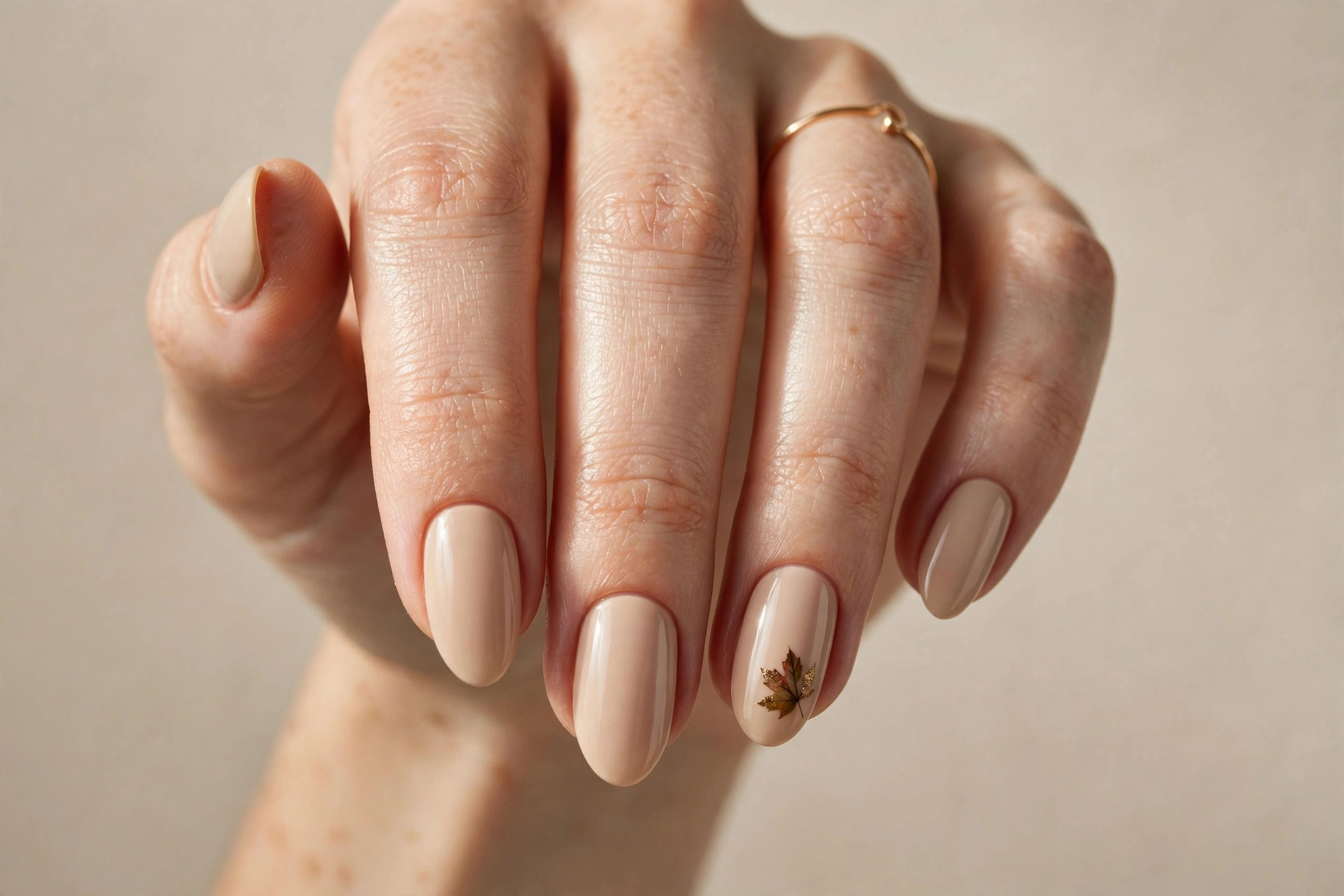 Beige almond nails with a tiny painted fall leaf on the ring fingers