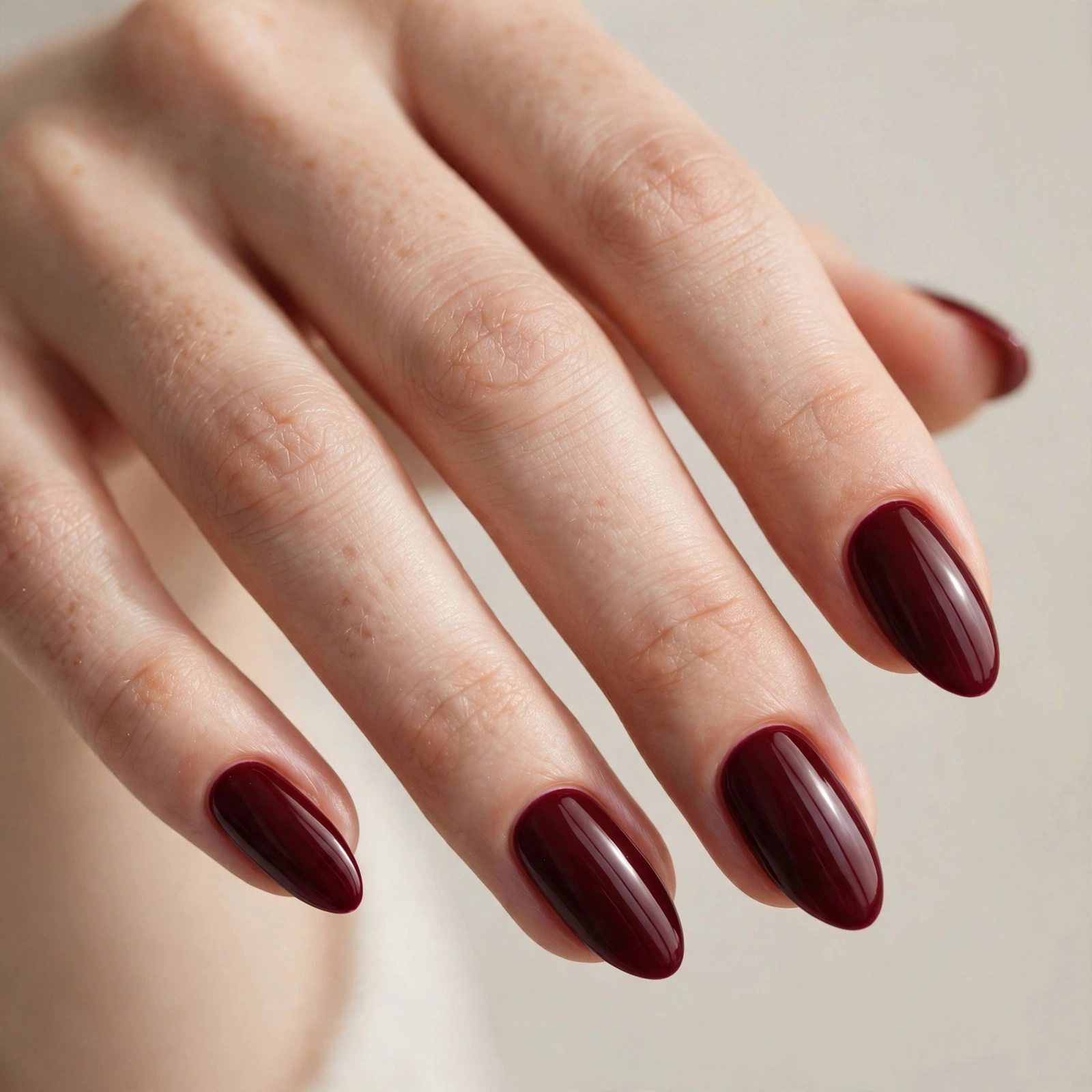 Almond-shaped nails painted in deep burgundy polish