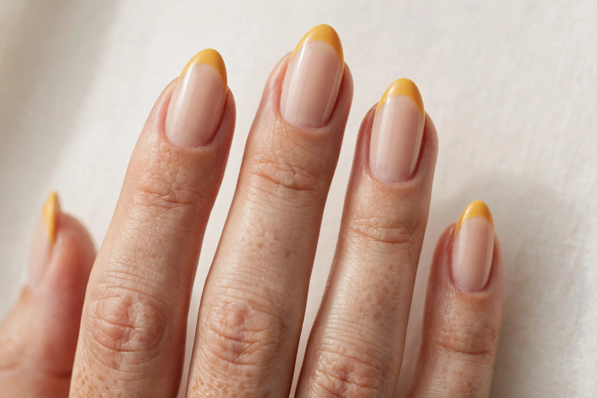 Nude almond nails with mustard yellow french tips