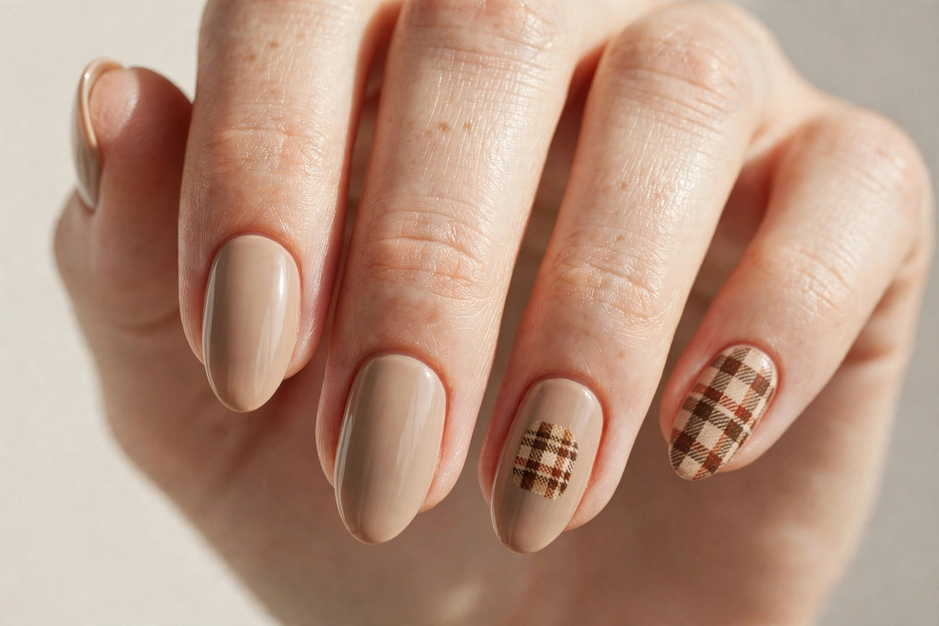 Warm neutral almond nails with a small plaid flannel pattern accent on two nails