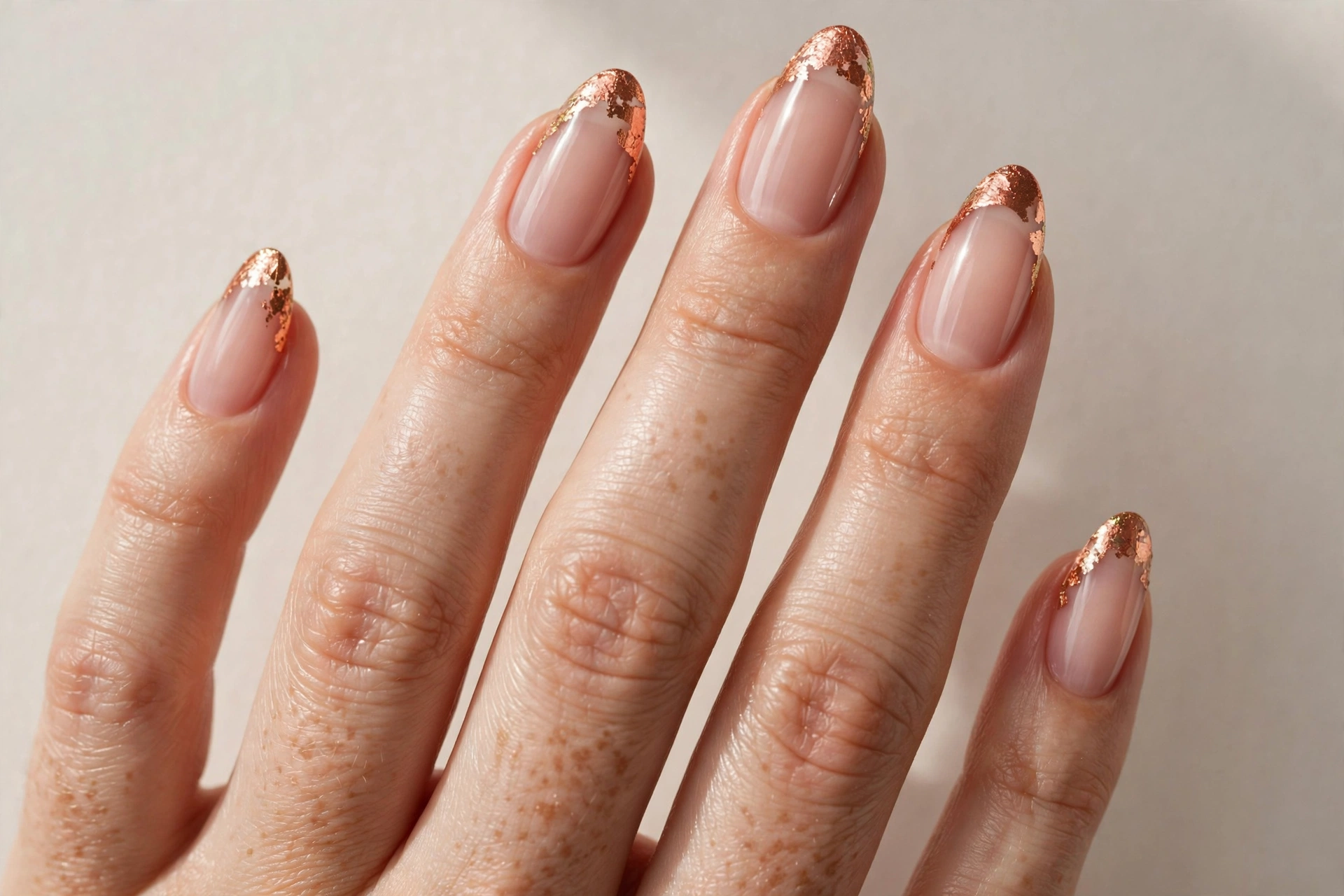 Clear nude almond nails with shimmering copper foil french tips