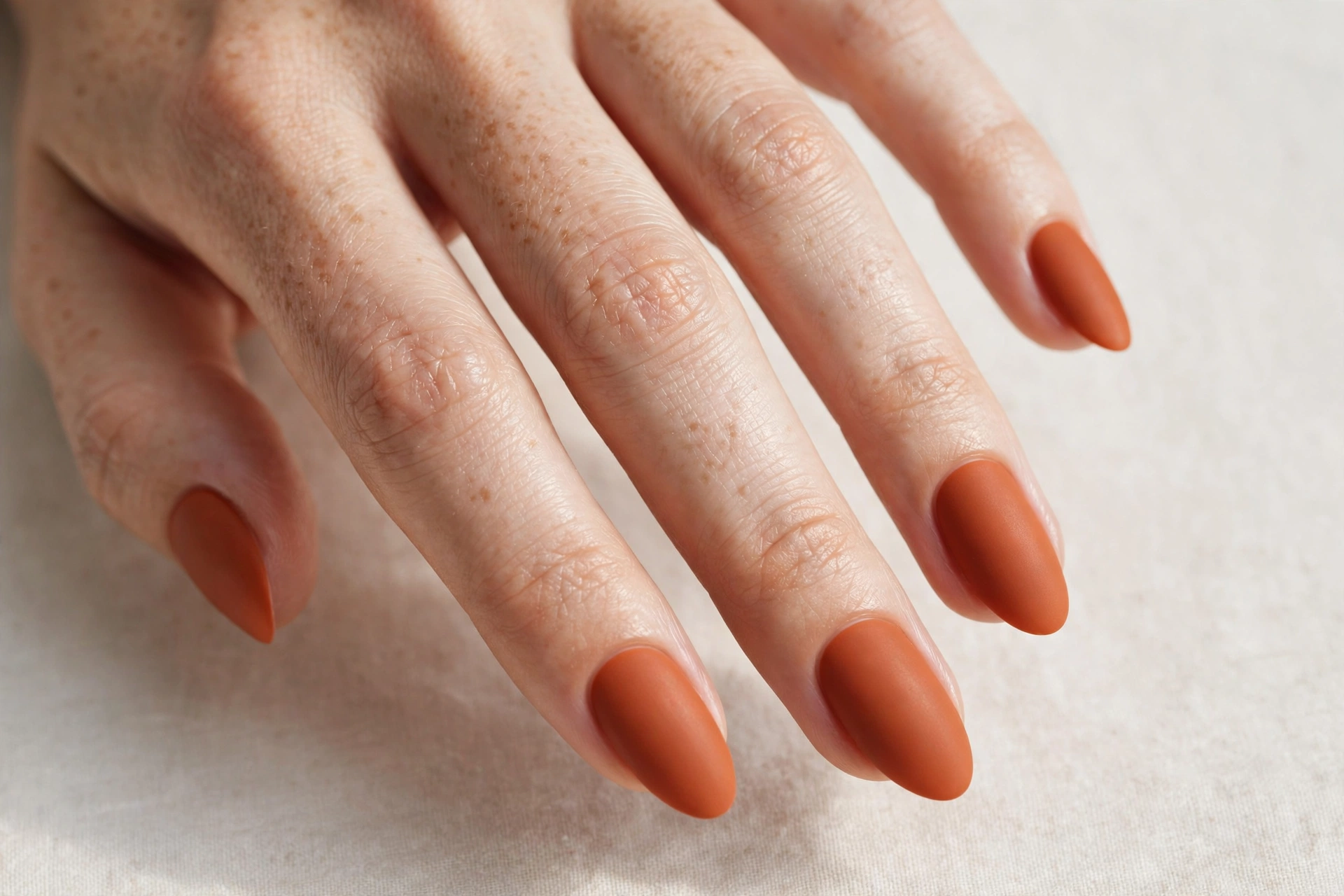 Almond-shaped nails in matte terracotta orange polish