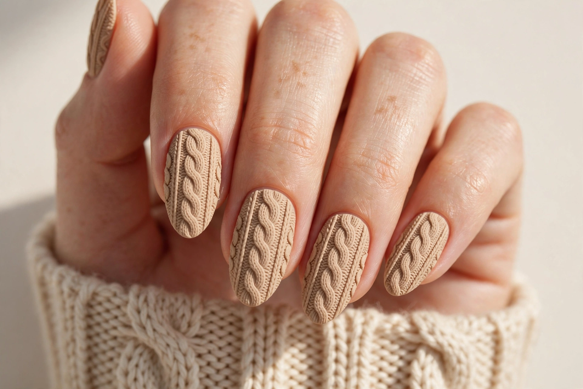 Almond nails with cable knit sweater texture nail art in warm beige