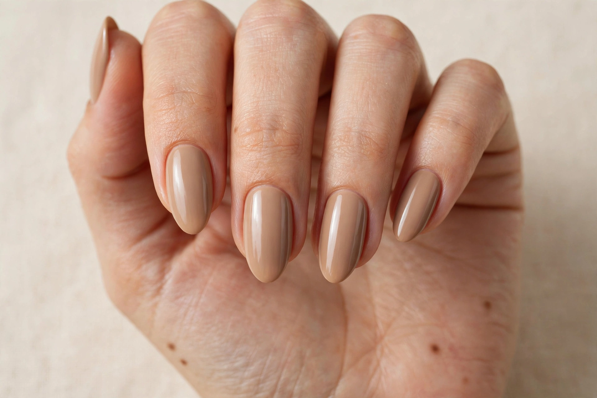 Almond-shaped nails in warm acorn beige neutral polish