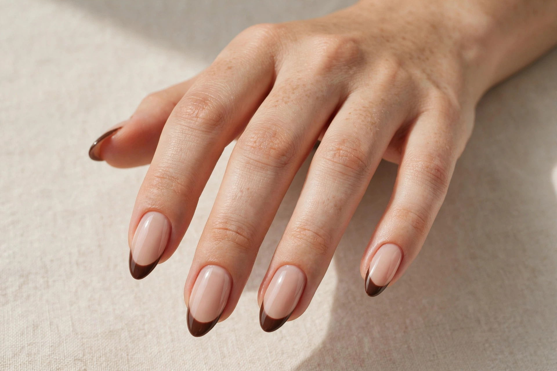 Nude almond nails with chocolate brown french tips