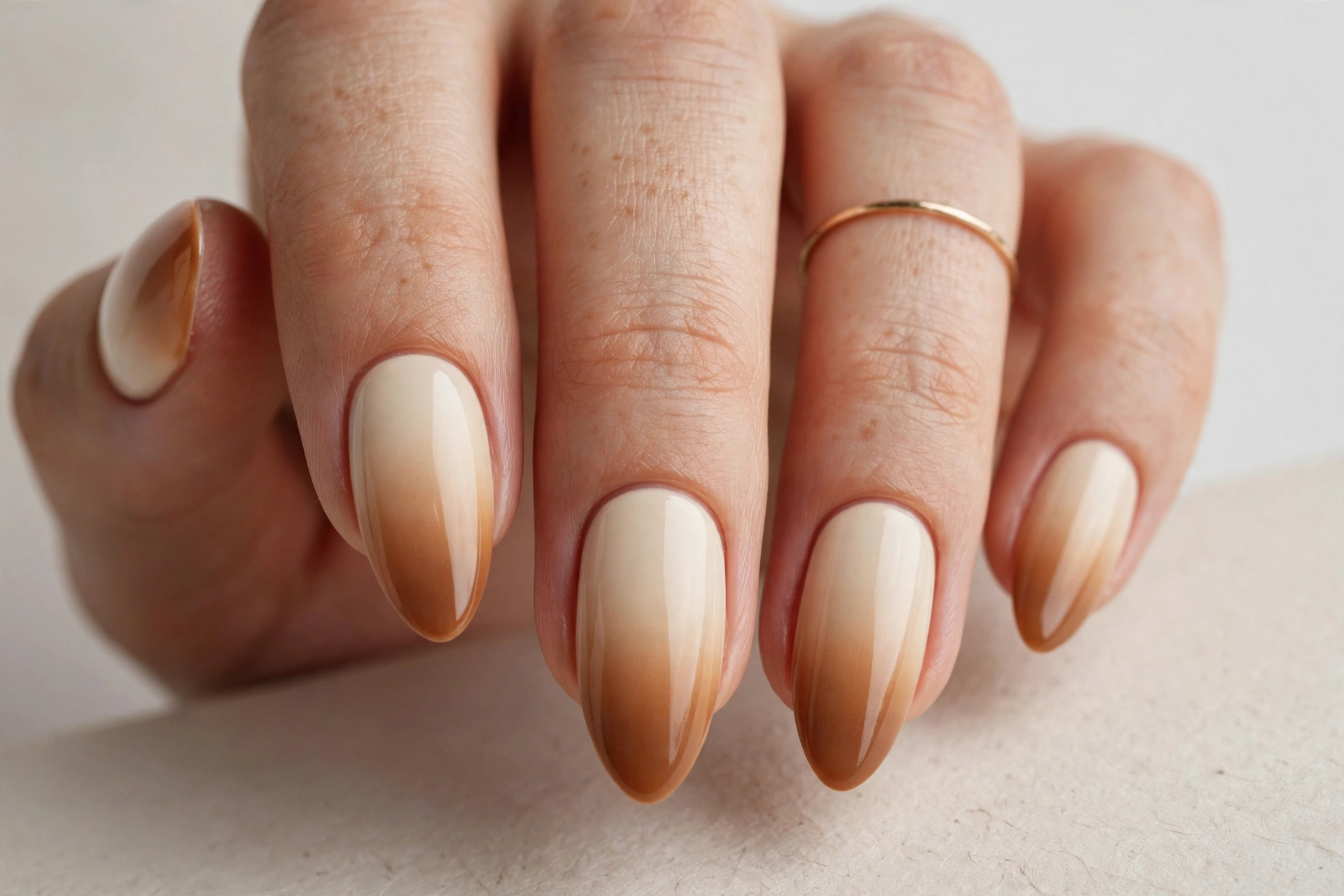 Almond nails with a caramel ombre fading from cream to caramel brown