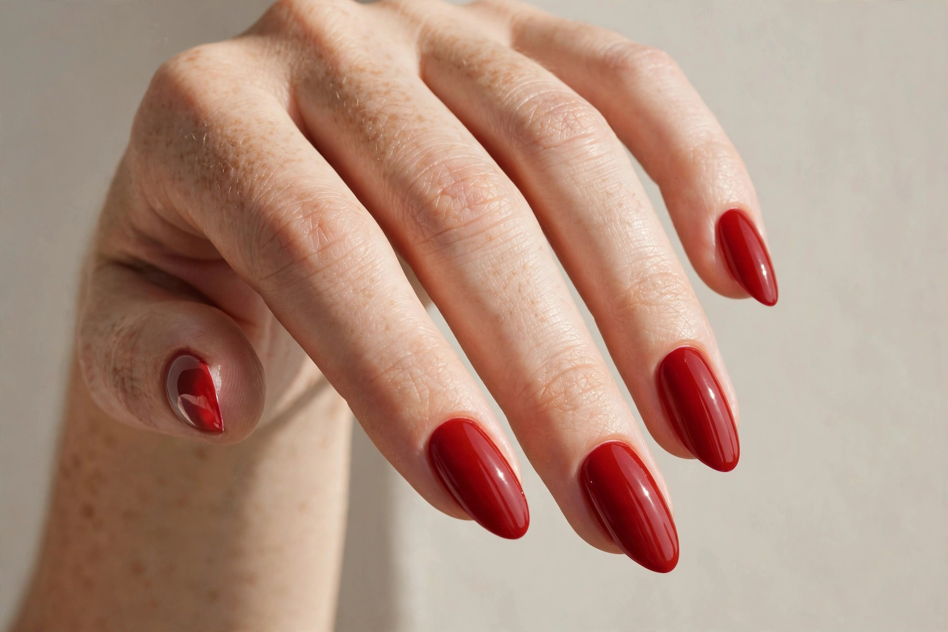 Almond-shaped nails in solid maple red polish