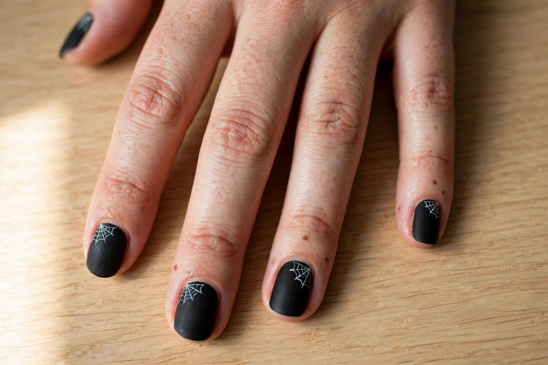 Easy Halloween designs for nails – white spiderweb corner nail art on black nails
