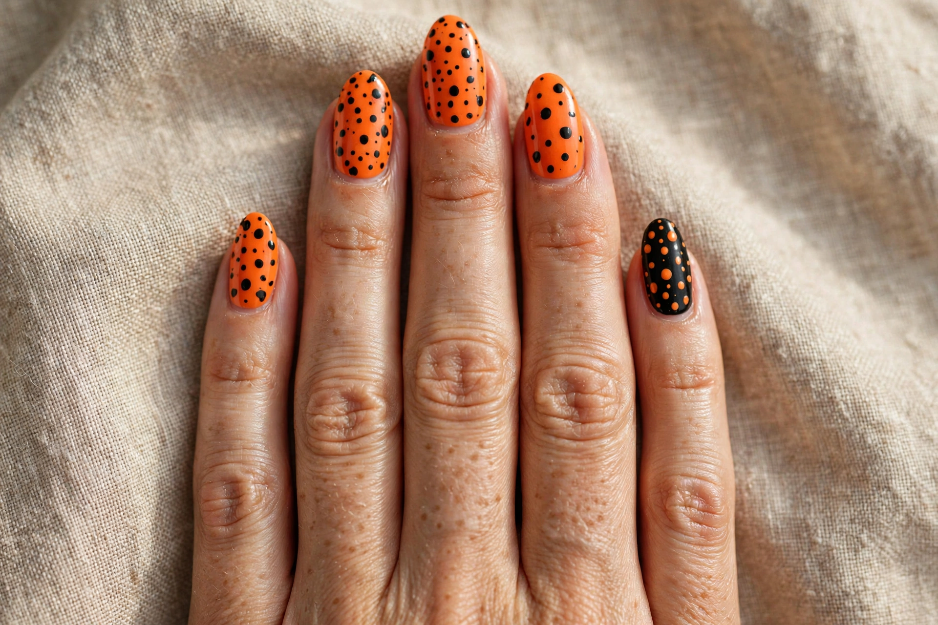 Easy Halloween designs for nails – black and orange polka dot nail art