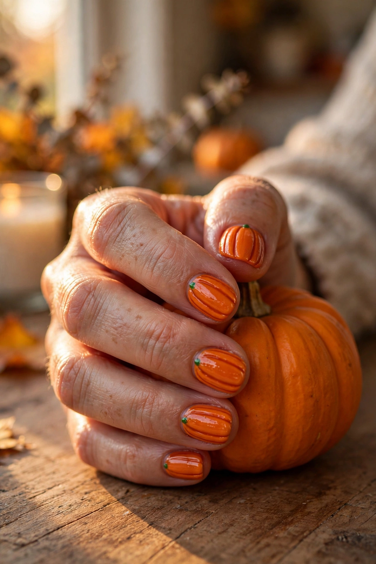 Easy Halloween nail art designs: pumpkin orange nails with green stems