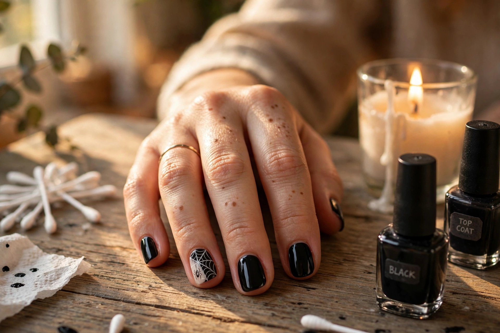 Easy Halloween nail art designs: spider web accent nail on black polish