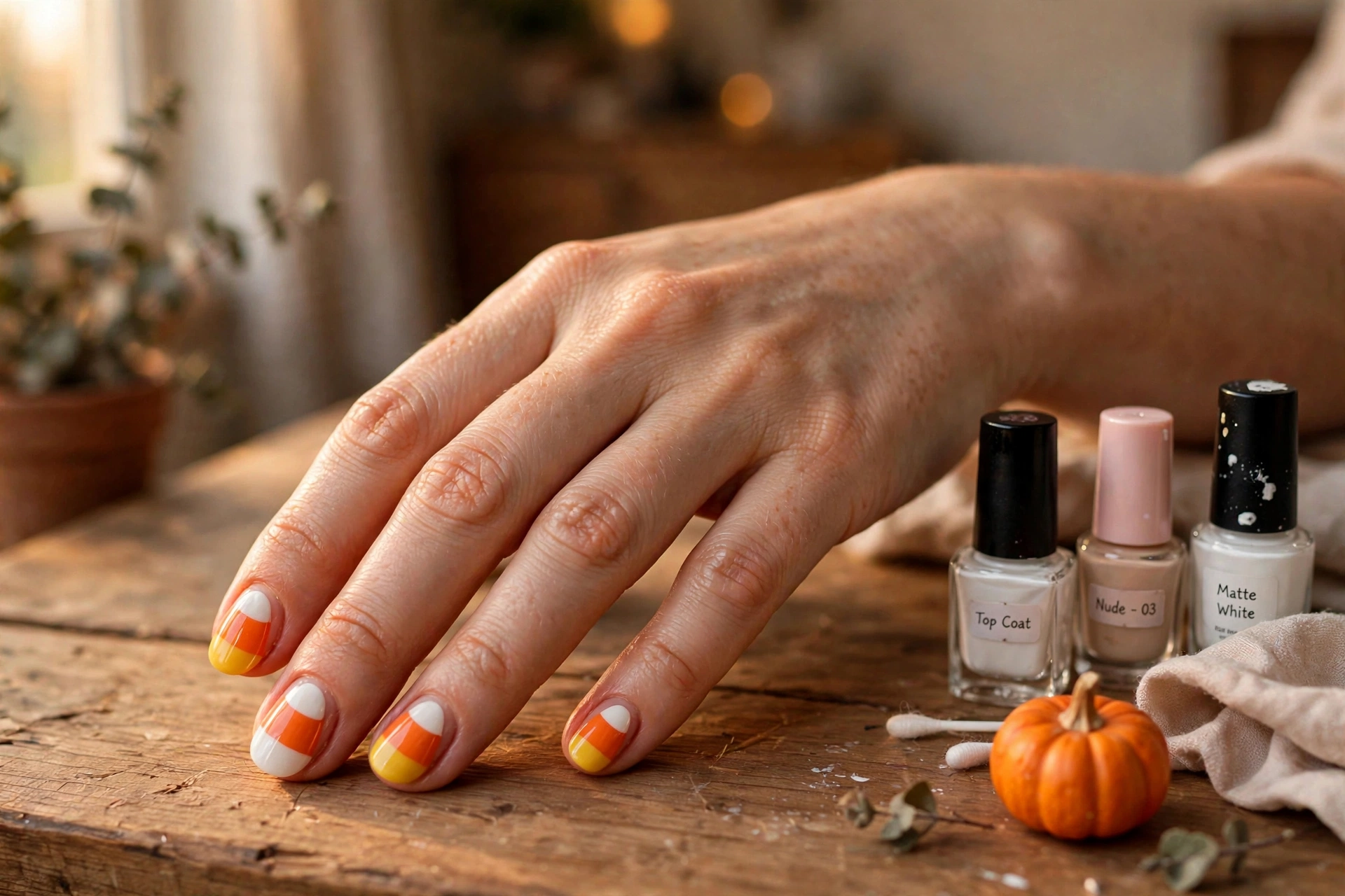Easy Halloween nail art designs: candy corn tips in orange, yellow and white