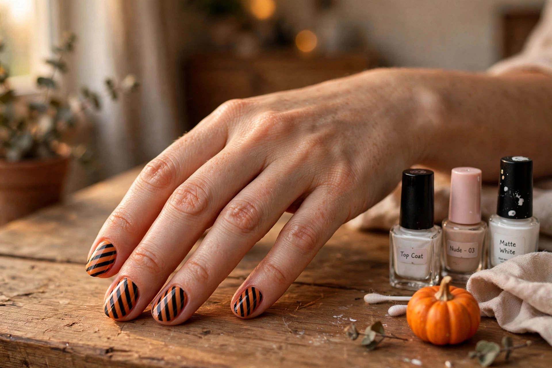 Easy Halloween nail art designs: diagonal orange and black candy stripes