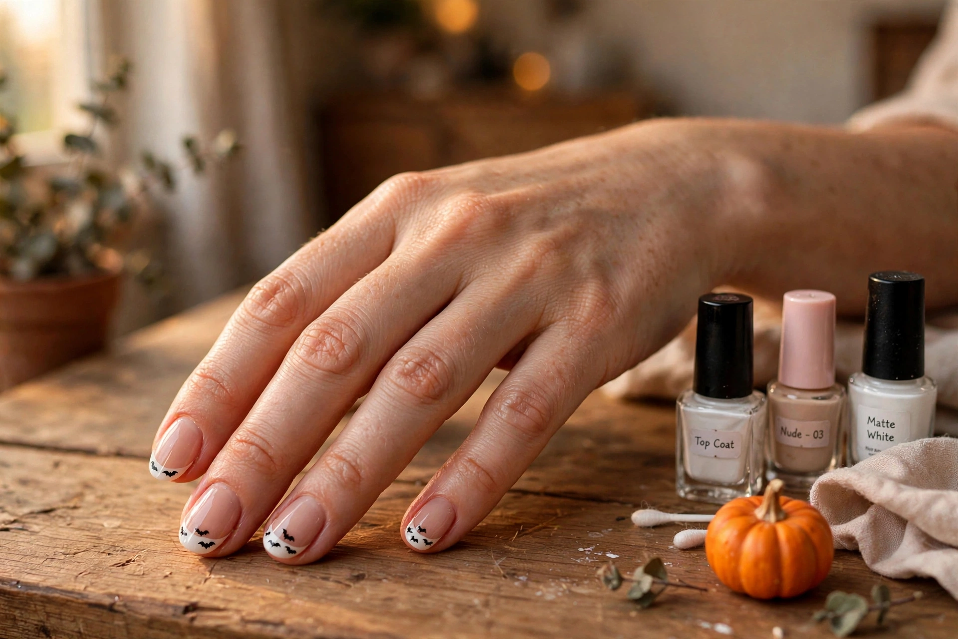Easy Halloween nail art designs: tiny black bats on French tip nails